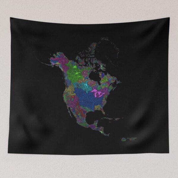 Item preview, North America River Basin Map in Rainbow Colours with Black Background designed and sold by GrasshopperGeo.