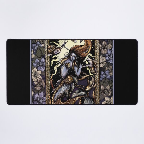 Item preview, Magic character, dark mystical mermaid with thick hair and horns, with a golden scaly tail and fins. designed and sold by LaraCoolart.