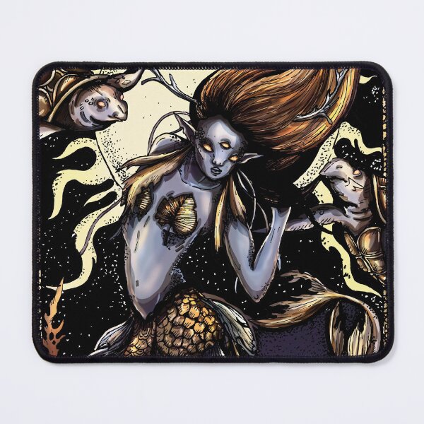 Item preview, Magic character, dark mystical mermaid with thick hair and horns, with a golden scaly tail and fins. designed and sold by LaraCoolart.