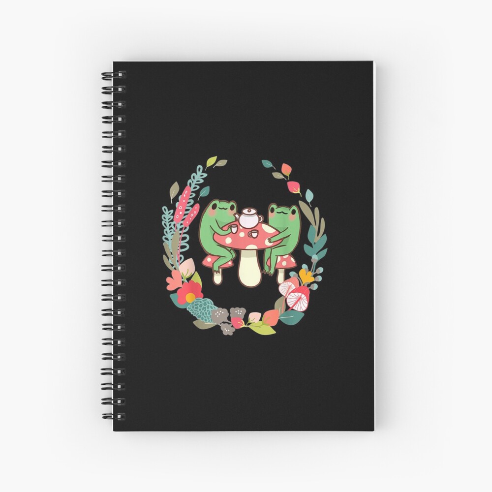 Frogs Drinking Tea Mushroom Cute Cottagecore Aesthetic Frog Spiral Notebook By Rianjamessya