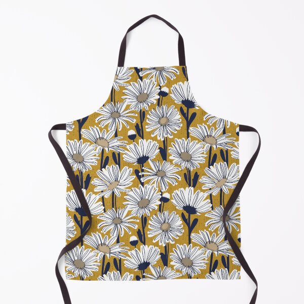 Item preview, Field of daisies // mustard yellow background white and mushroom brown daisy flowers oxford navy blue line contour designed and sold by SelmaCardoso.