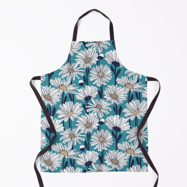 Item preview, Field of daisies // lagoon background white and mushroom brown daisy flowers oxford navy blue line contour designed and sold by SelmaCardoso.