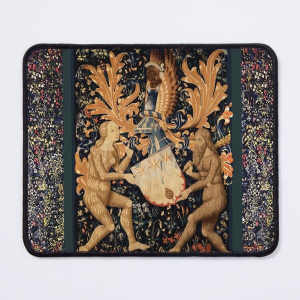 Item preview, COAT OF ARMS WITH WILD MEN HOLDING ARMOUR Antique Floral Heraldic Tapestry designed and sold by BulganLumini.