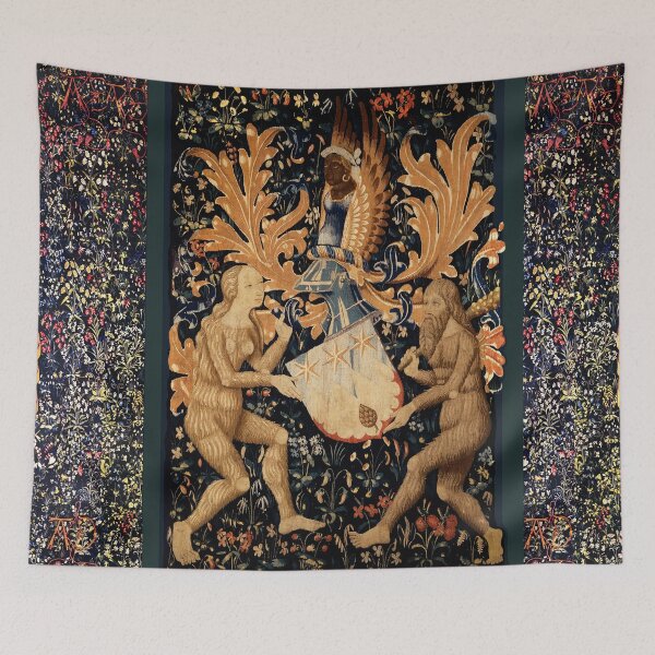 Item preview, COAT OF ARMS WITH WILD MEN HOLDING ARMOUR Antique Floral Heraldic Tapestry designed and sold by BulganLumini.