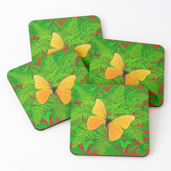 Item preview, YELLOW BUTTERFLY AMID GREEN FERNS BED RED ART designed and sold by sharlesart.