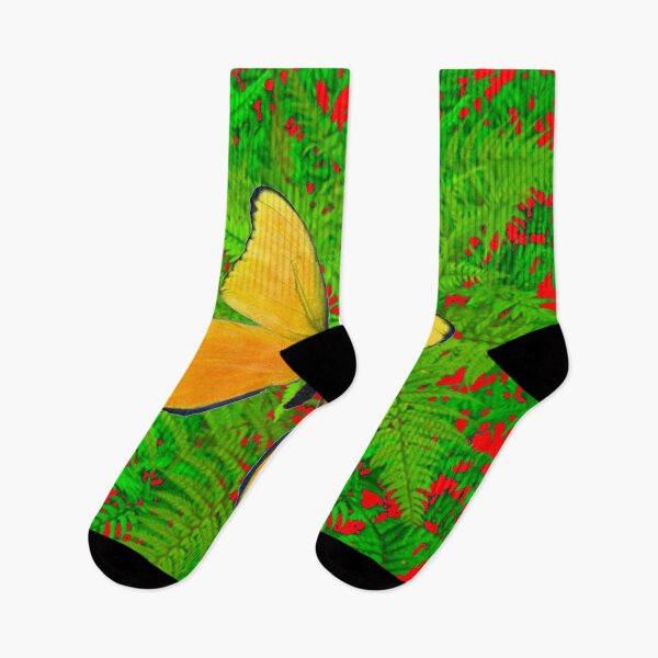 Item preview, YELLOW BUTTERFLY AMID GREEN FERNS BED RED ART designed and sold by sharlesart.