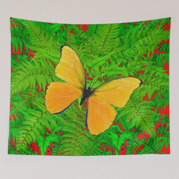 Item preview, YELLOW BUTTERFLY AMID GREEN FERNS BED RED ART designed and sold by sharlesart.