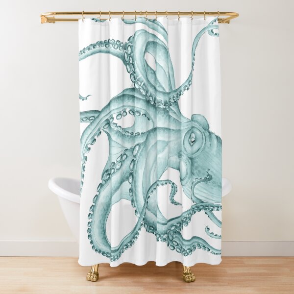 Teal Green Octopus Kraken Tentacles Ocean Ink Art Shower Curtain