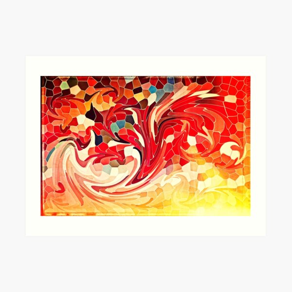 Abstract Stained Glass Battling Firebirds in Fiery Red Orange Yellow Art Print