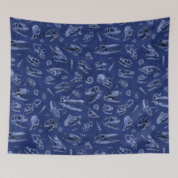 Item preview, Dinosaur skull sketch tiled pattern blue designed and sold by CassWArt.