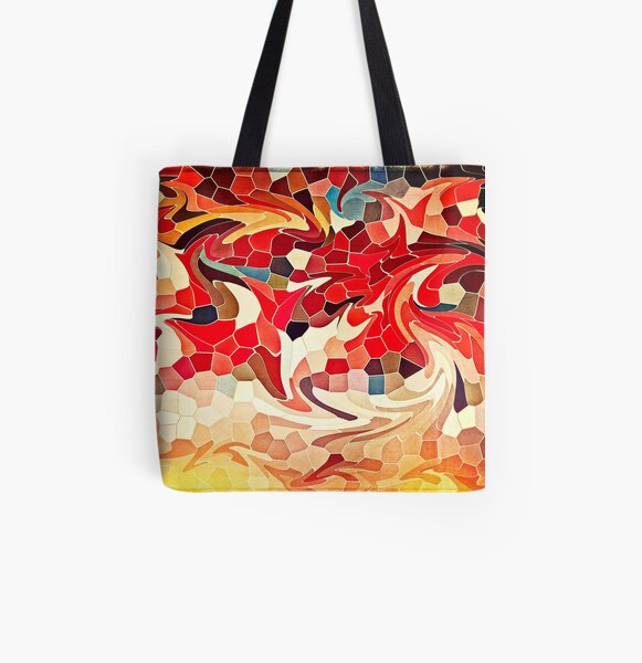 Abstract Stained Glass Battling Firebirds in Fiery Red Orange Yellow 2 All Over Print Tote Bag