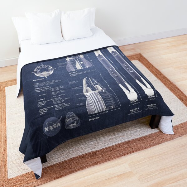 NASA SpaceX Crew Dragon Spacecraft & Falcon 9 Rocket Blueprint in High Resolution (dark blue) Comforter