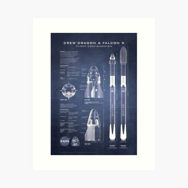 NASA SpaceX Crew Dragon Spacecraft & Falcon 9 Rocket Blueprint in High Resolution (dark blue) Art Print