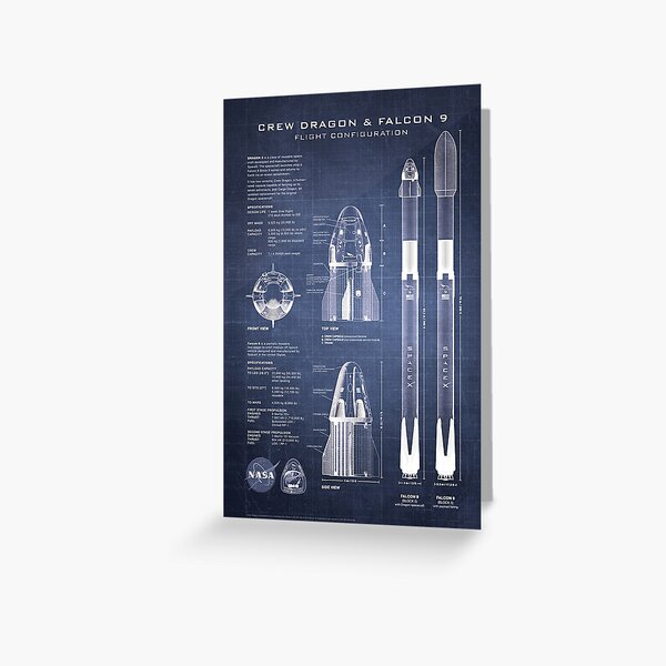 NASA SpaceX Crew Dragon Spacecraft & Falcon 9 Rocket Blueprint in High Resolution (dark blue) Greeting Card