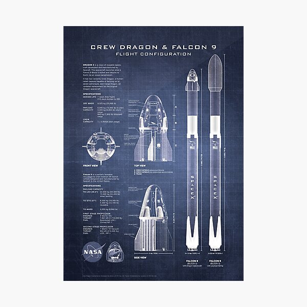 NASA SpaceX Crew Dragon Spacecraft & Falcon 9 Rocket Blueprint in High Resolution (dark blue) Photographic Print