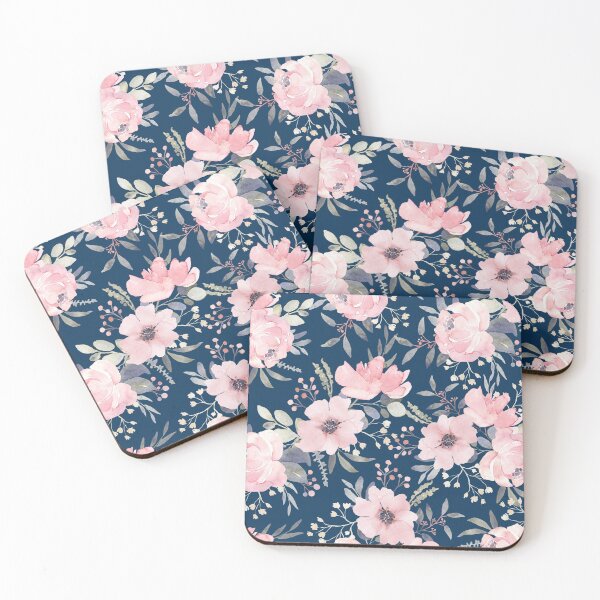 Item preview, Watercolour pink flowers on navy designed and sold by Inspiro Studio.