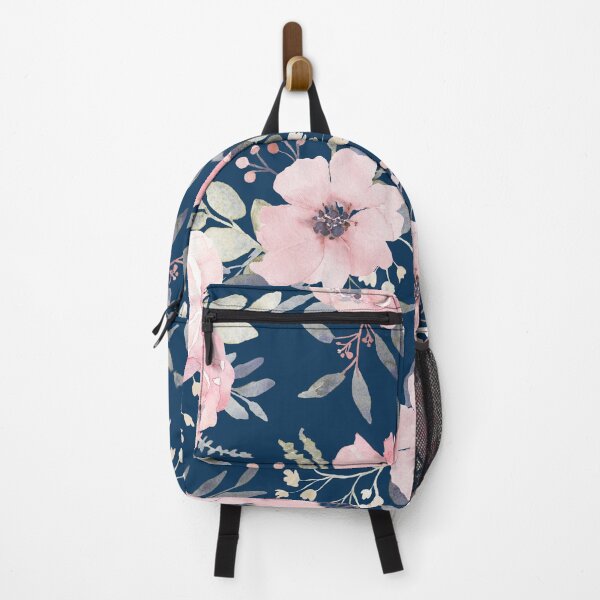 Item preview, Watercolour pink flowers on navy designed and sold by Inspiro Studio.
