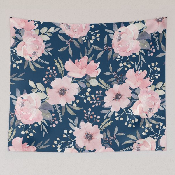 Item preview, Watercolour pink flowers on navy designed and sold by Inspiro Studio.
