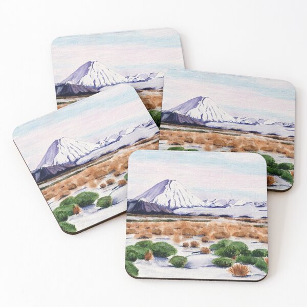 Item preview, Tongariro alpine crossing Mt Doom in winter mountain landscape original watercolor art designed and sold by ArtandJoyNZ.
