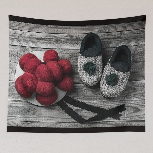Item preview, Bollen hat and straw shoes on a wooden background designed and sold by Jürgen Wiesler.