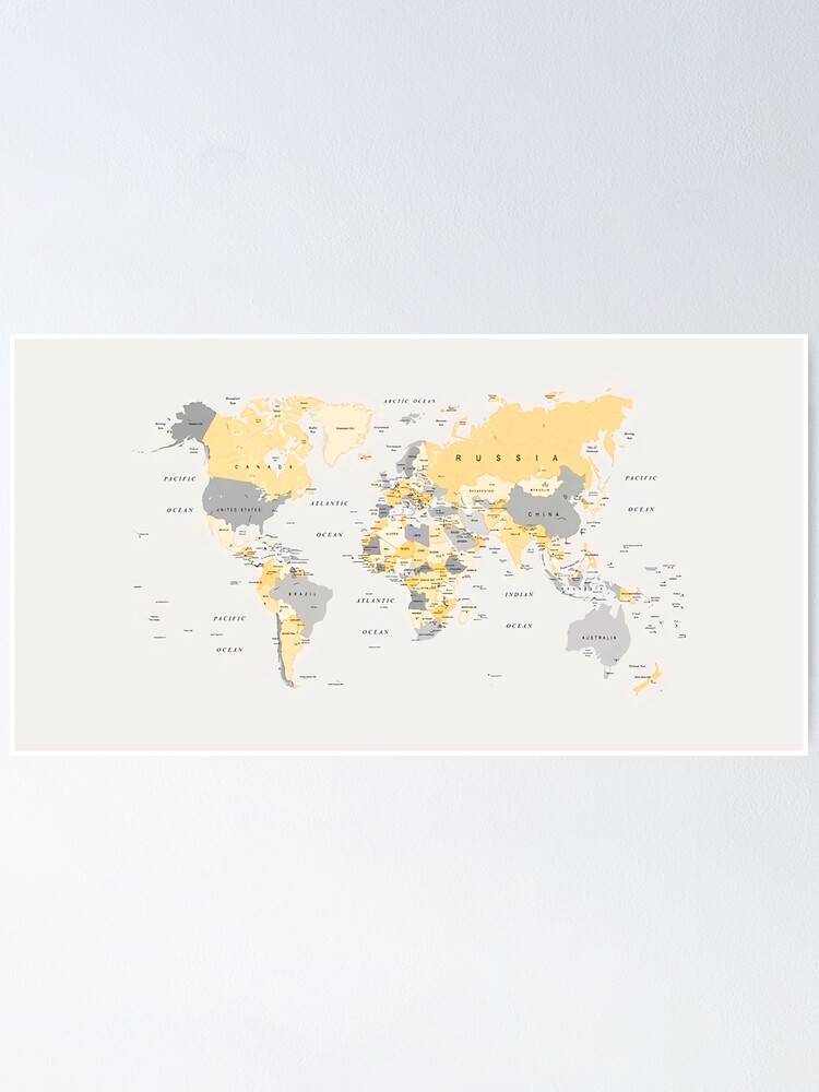 map-of-the-world-in-grey-yellow-colors-poster-for-sale-by-richaroung