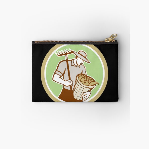 Item preview, Organic Farmer Holding Rake Harvest Basket Retro designed and sold by patrimonio.