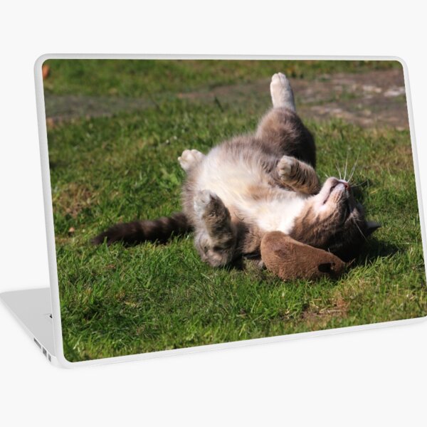 Tabby cat playing with toy mouse Laptop Skin