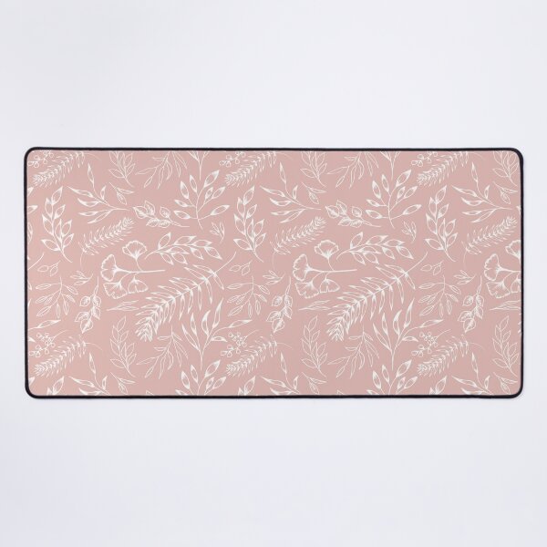 White ink botanical floral leaves pattern in dusty pink colour Desk Mat