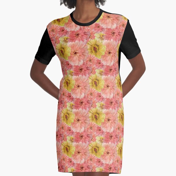 Zinnia Garden No. 9, Peach and Lime Flower Garden Mix Graphic T-Shirt Dress