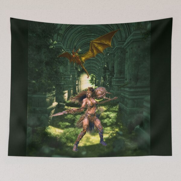 Item preview, Warrior and dragon in the fantasy forest designed and sold by brendanre.