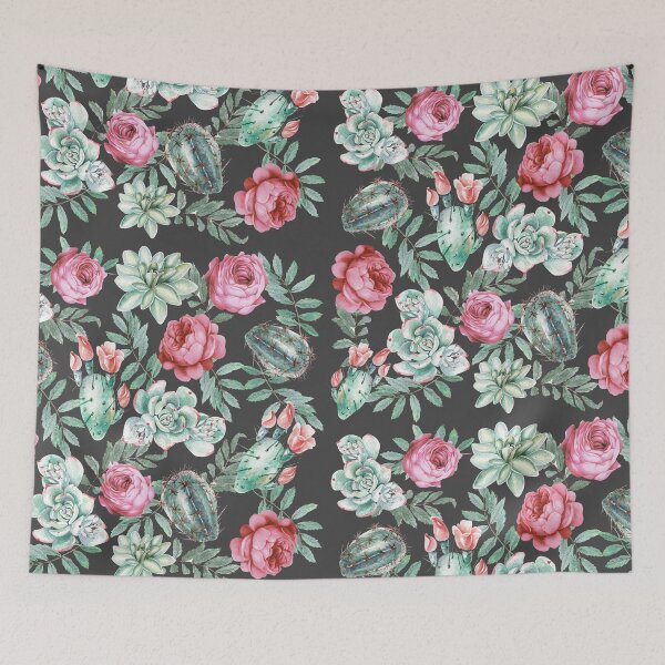 Item preview, Pink Roses and Succulent Cactus Pattern on Black designed and sold by Blkstrawberry.