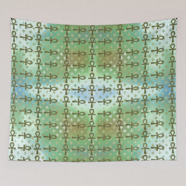Item preview, Green Egyptian Ankh Symbol Textile Art Pattern designed and sold by BlackArt Cafe.