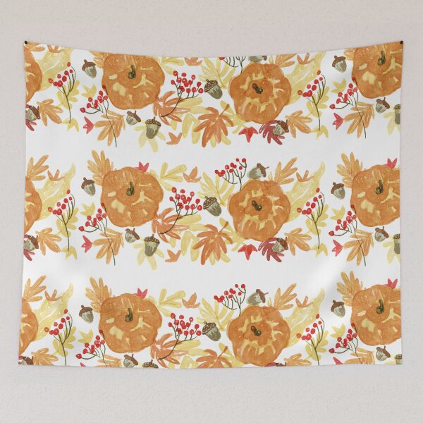 Item preview, Watercolor Thanksgiving, Forest Fall Autumn Pattern Print. Leaves, Orange Flowers, Acorns, Red Berries Botanical Abstract Print designed and sold by silviaol.