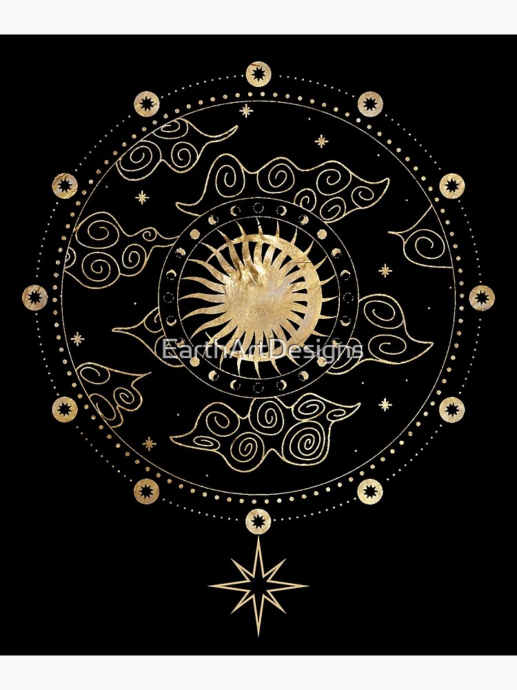 Astrological Sun & Moon Stars Line Drawing Circle Design