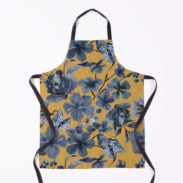 Artikelvorschau, Marineblaues Blumenmuster mit senffarbenem Hintergrund entworfen und verkauft von Lolly's Lane Shoppe.
