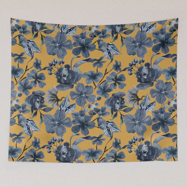 Artikelvorschau, Marineblaues Blumenmuster mit senffarbenem Hintergrund entworfen und verkauft von Lolly's Lane Shoppe.