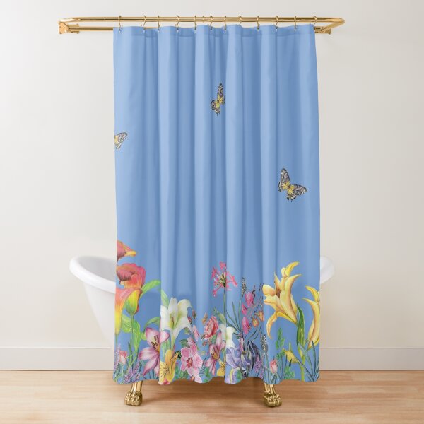 Lilies Roses Calla Orchid Iris And Butterflies On Blue 2 Shower Curtain