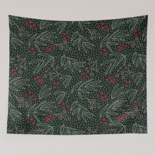 Item preview, Retro Christmas Floral Pattern with with Red Berries, Green Leaves and Snow designed and sold by graphic-genie.
