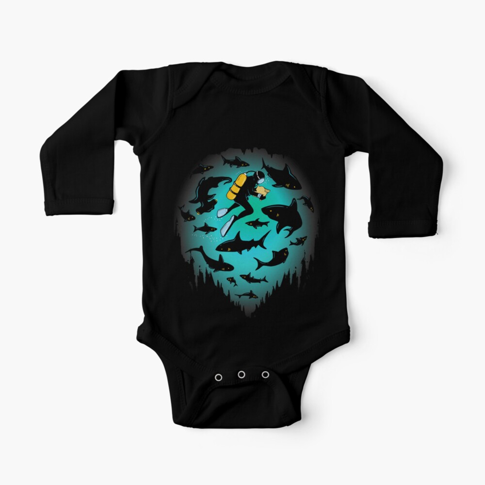 Body Bebe Visse Illustration Drole De Requin Et Plongeur Par Bootsboots Redbubble