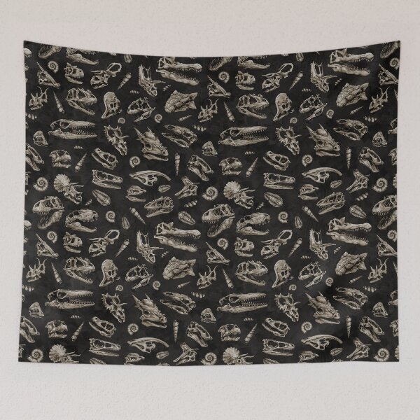 Item preview, Dinosaur skull sketch tiled pattern black natural designed and sold by CassWArt.