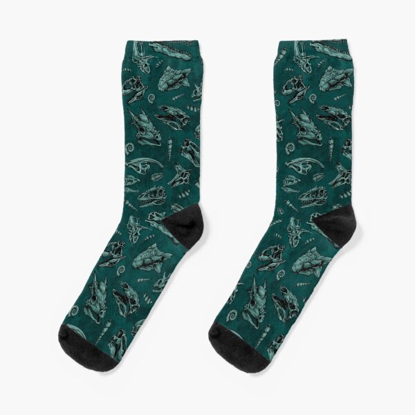Dinosaur skull sketch tiled pattern green Socks for Sale by