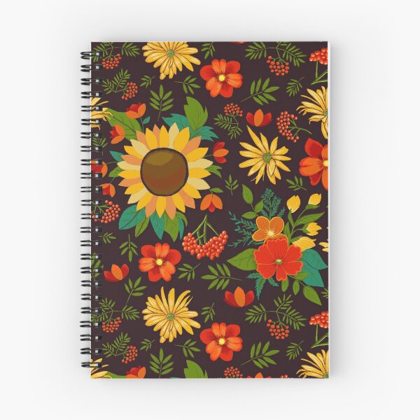 Artikelvorschau, Herbstmuster mit Sonnenblumen und Beeren auf dunkelbraun entworfen und verkauft von colorofmagic.