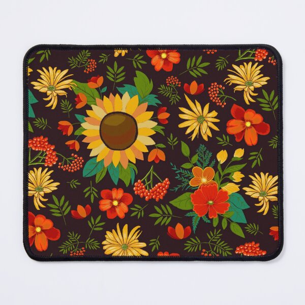 Item preview, Autumn pattern with sunflowers and berries on dark brown designed and sold by colorofmagic.