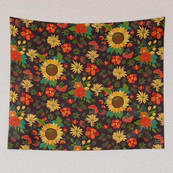 Item preview, Autumn pattern with sunflowers and berries on dark brown designed and sold by colorofmagic.