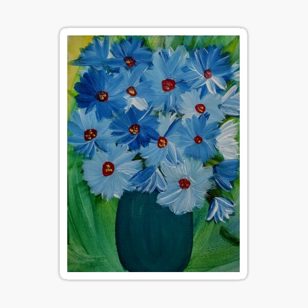 Blue flowers bouquet in a metallic turquoise vase Sticker