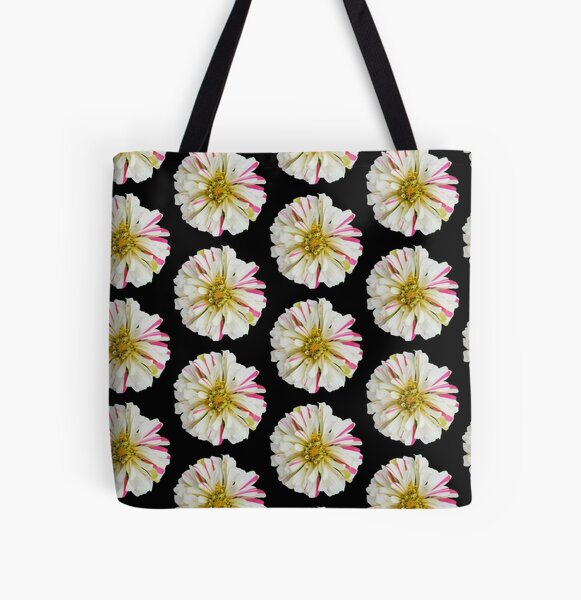 Field Guide to Zinnias, No. 7, White and Pink Candy Cane Zinnia Flower All Over Print Tote Bag