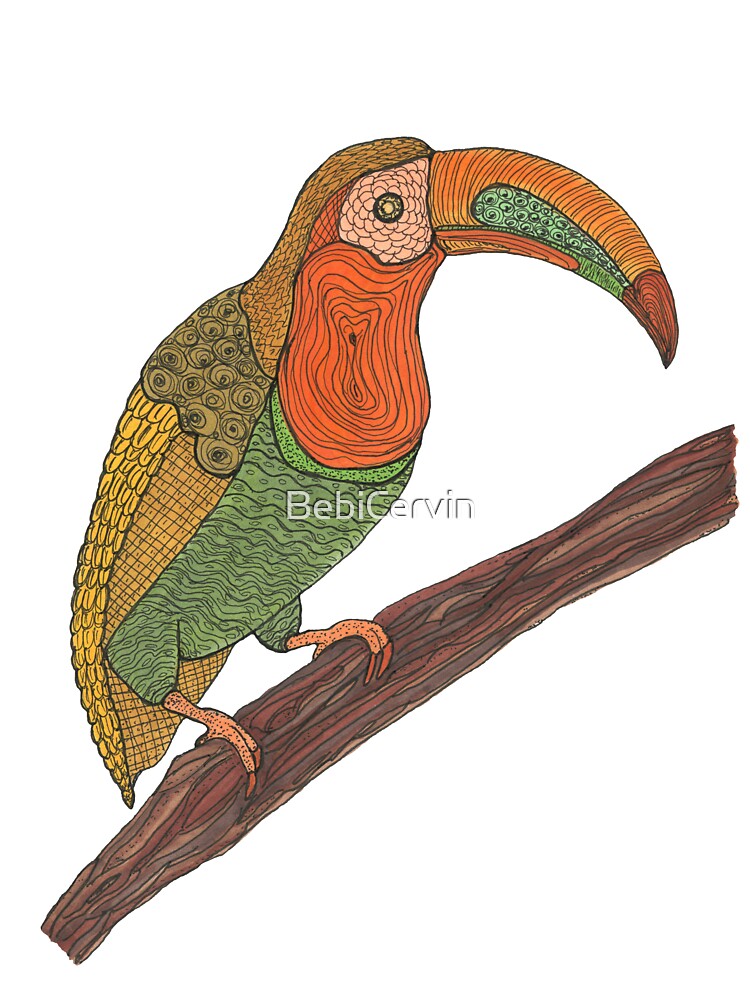 Animal, bird, tucan, orange, green, brown, drawing, copic, BebiCervin