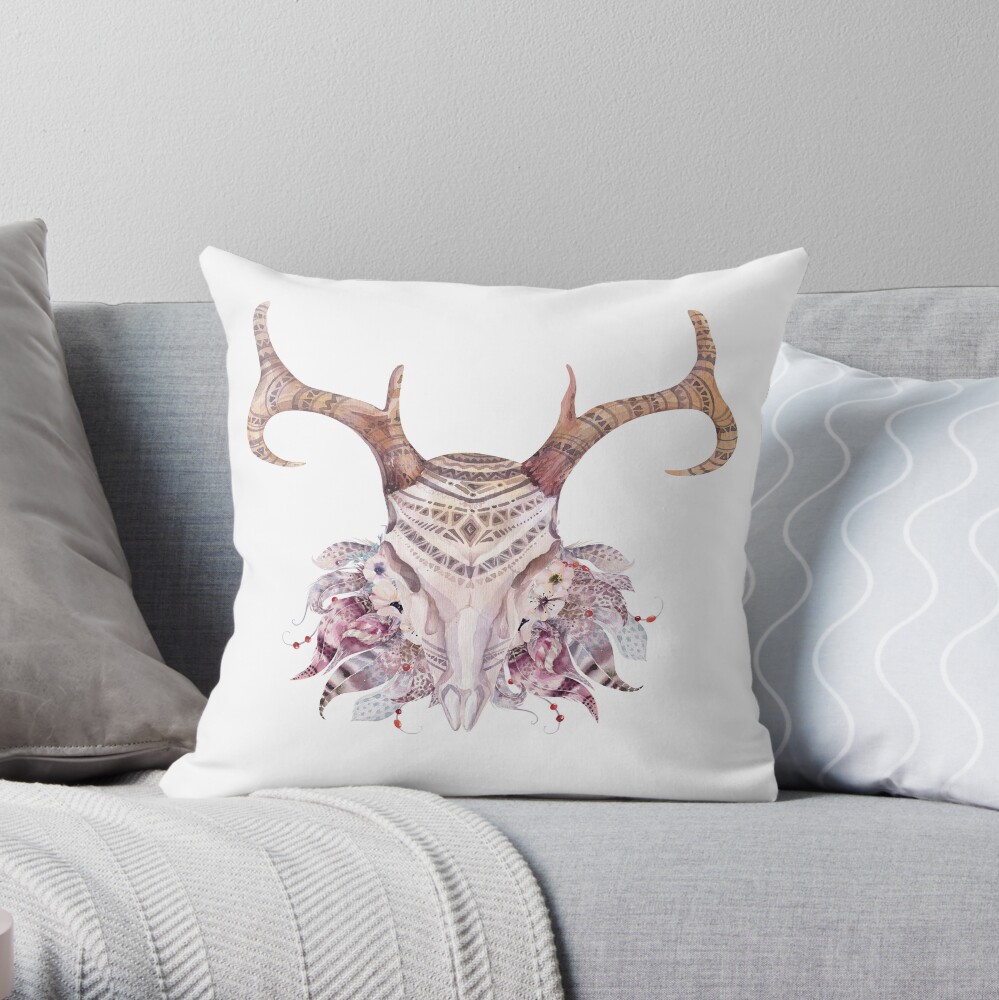 Deer skull with feathers Throw Pillow