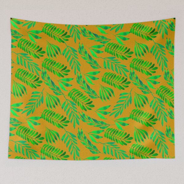 Item preview, Watercolor green leaves pattern on orange yellow background with black polka dots designed and sold by Marcia Motivos.