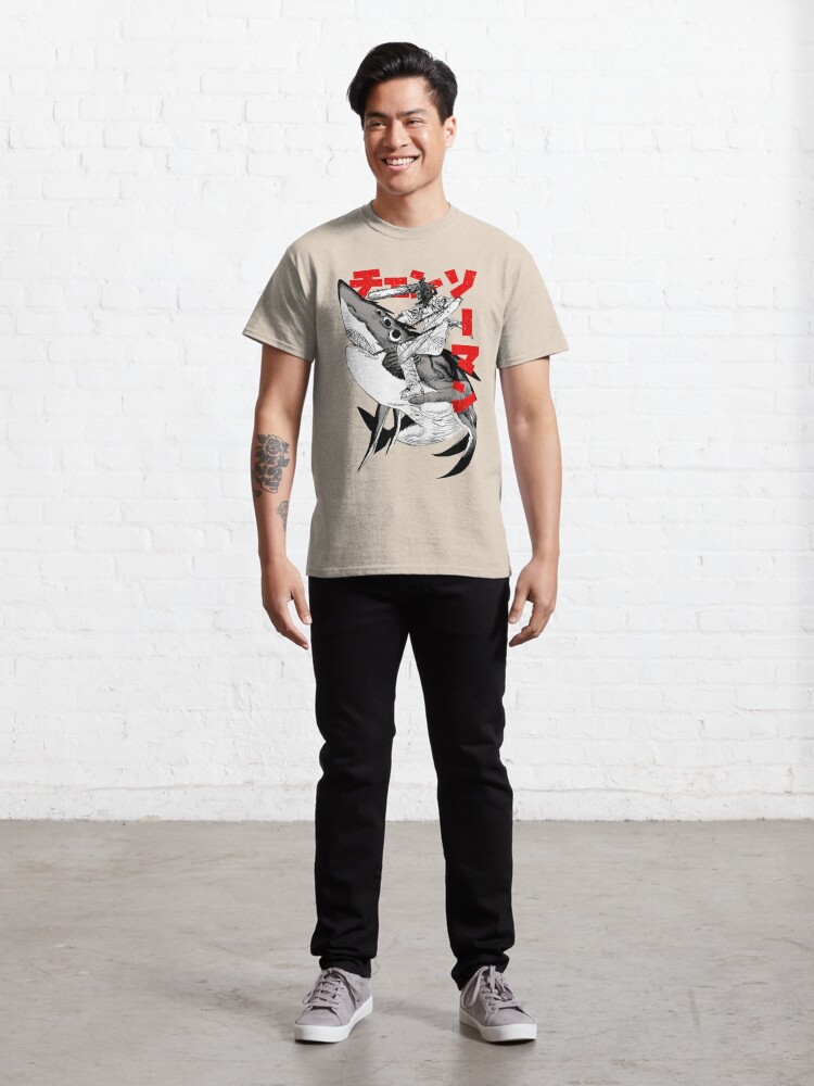Disover Chainsaw man riding shark  T-Shirt
